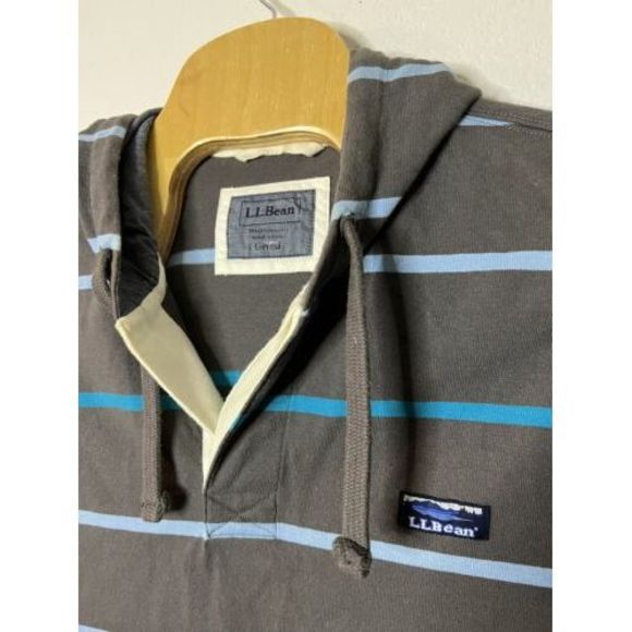 Men's LL Bean Traditional Fit Striped‎ Grey/Blue Hoodie Sweatshirt Size Large - Picture 2 of 3